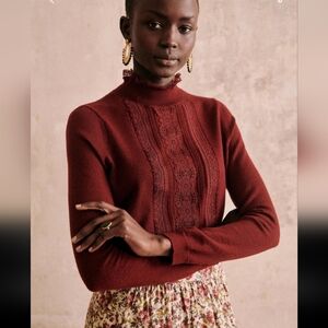 Sezane Kate 100% Merino Wool Burgundy Lace Detail Jumper